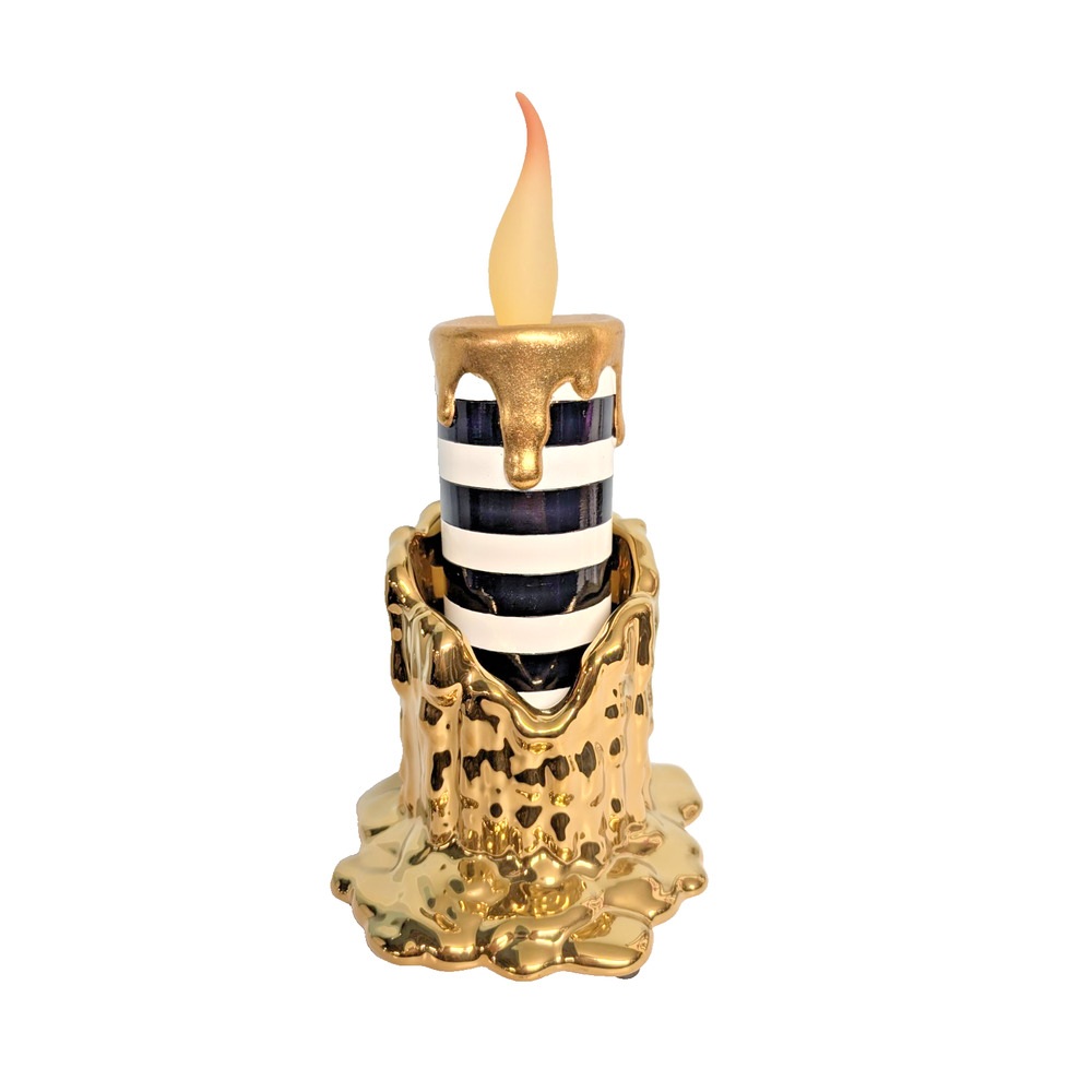 MacKenzie Childs Haunted House Tall Gold Candle Holder & Battery Candle 2 pc